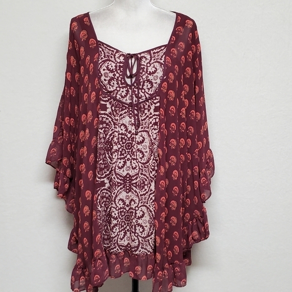 FREE People Marla Dreams Red Paisley Boho Flutter Sleeve Mini Kaftan Dress XS - Picture 2 of 12